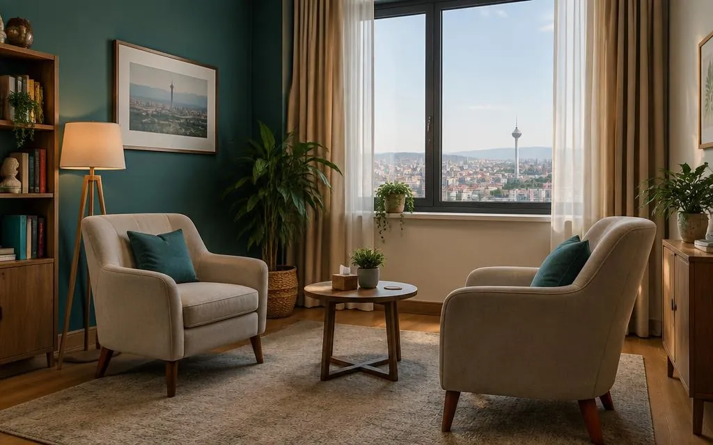 Ankara manzaralı, iki koltuklu sakin bir psikolojik danışmanlık odası