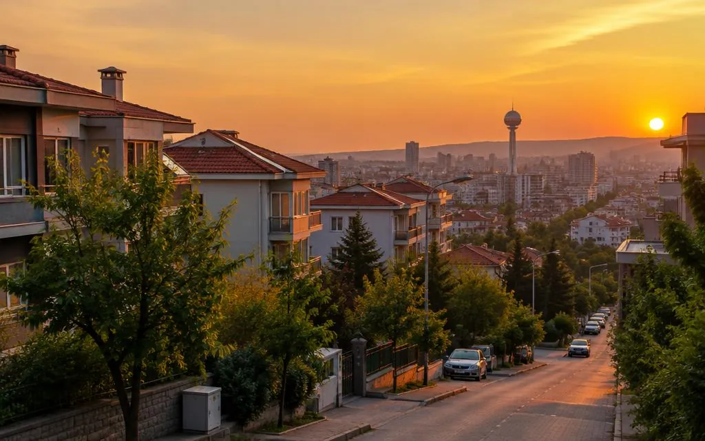 Gün batımında Çankaya'nın yeşil sokakları ve uzakta Atakule