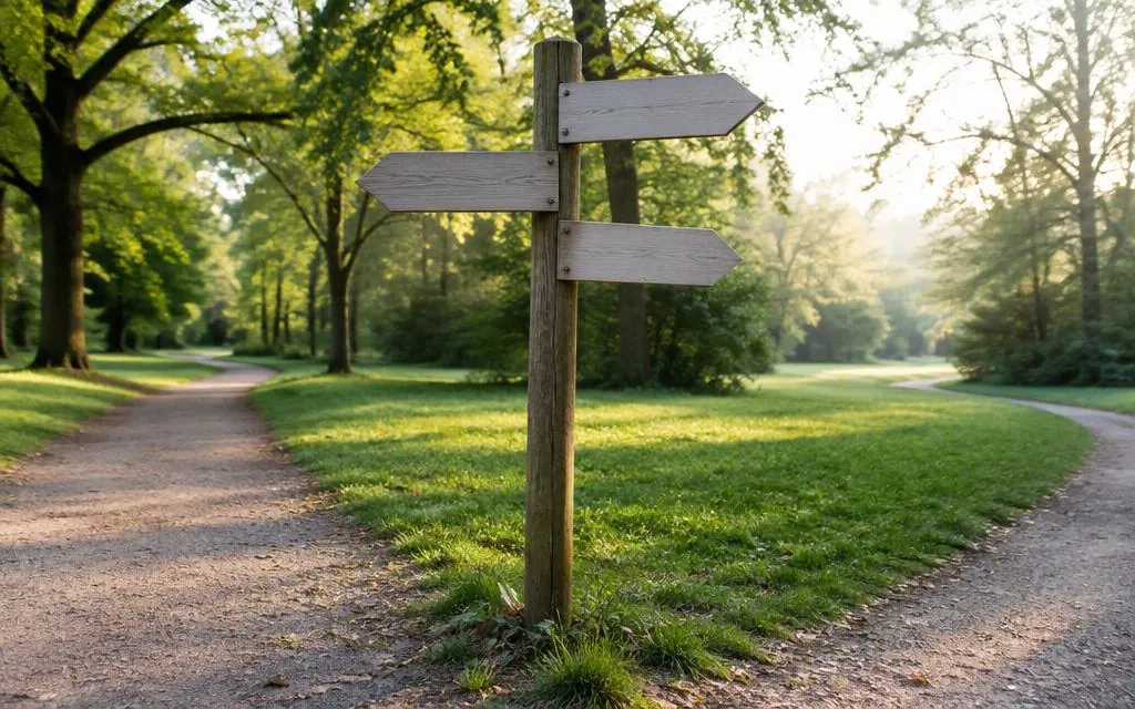 Yeşil bir parkta üç yöne işaret eden boş ahşap yön tabelası