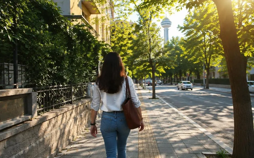 Güneşli, ağaçlı bir Ankara caddesinde yürüyen kişi