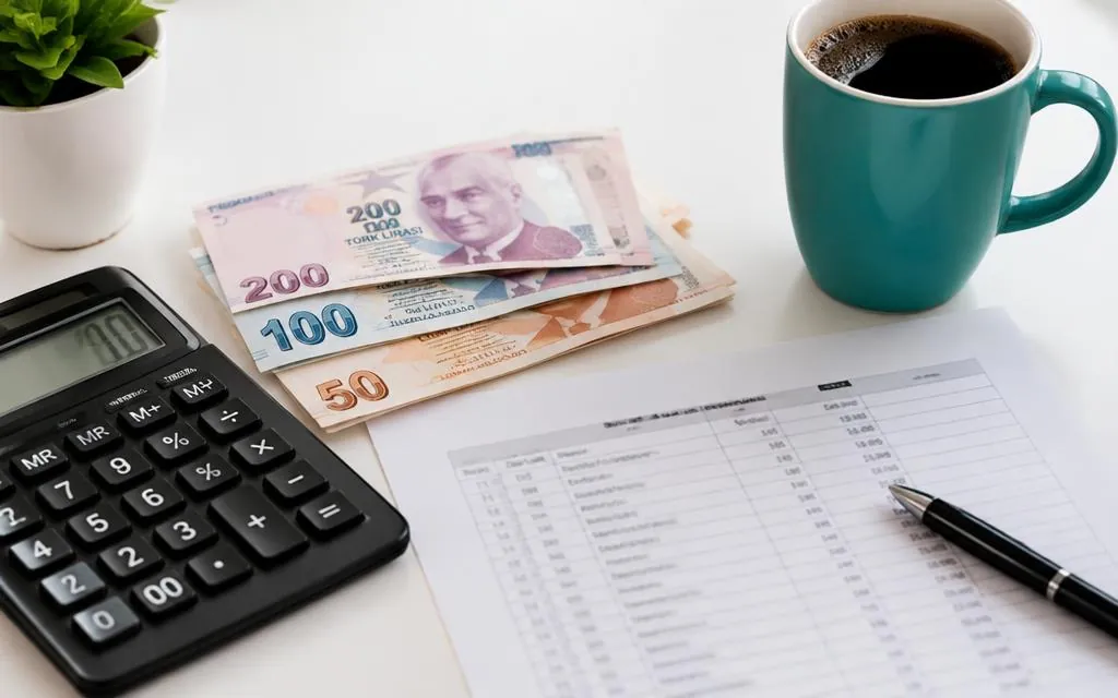 Hesap makinesi, Türk lirası banknotlar ve fiyat listesi bulunan masa
