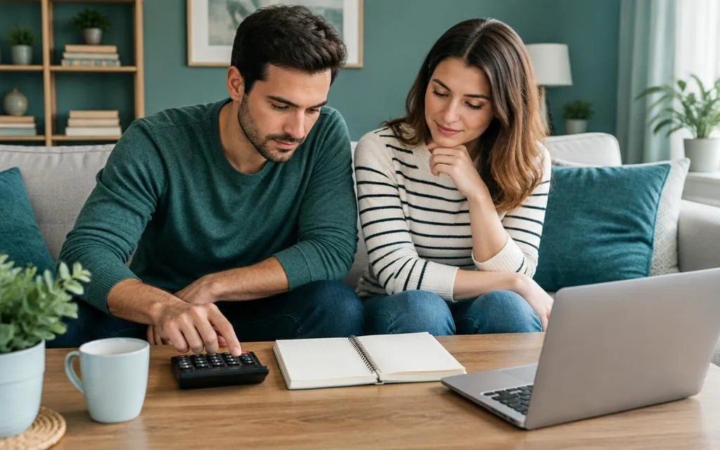 Kanepede hesap makinesi ve dizüstü bilgisayarla bütçe planlayan çift