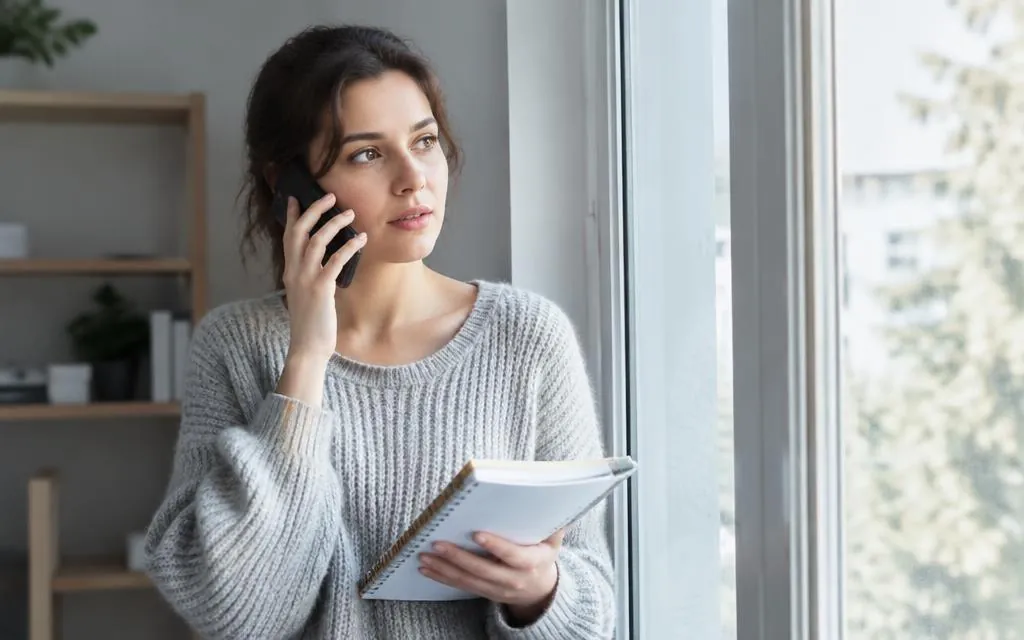 Pencere kenarında telefonla bilgi alan ve not tutan kadın