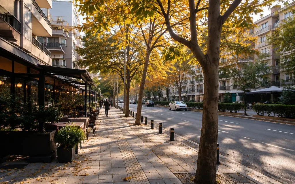 Sonbaharda ağaçlı Kavaklıdere caddesi ve kafeler