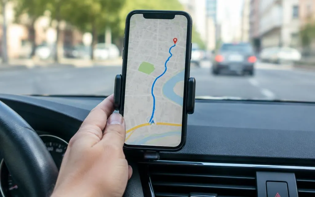 Araç içinde telefon tutucuda harita navigasyonu gösteren telefon