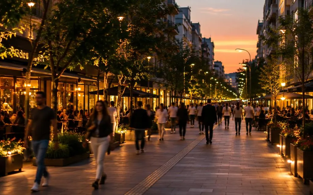 Akşam ışıklarında Tunalı Hilmi benzeri yaya caddesi