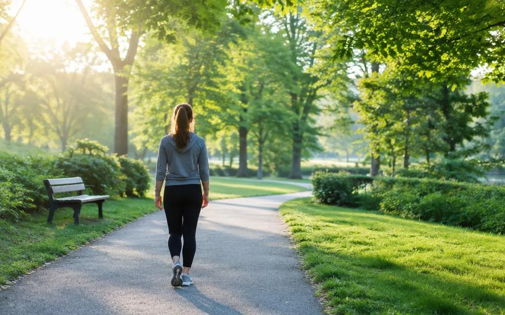 Sabah güneşinde parkta yürüyüş yapan kişi