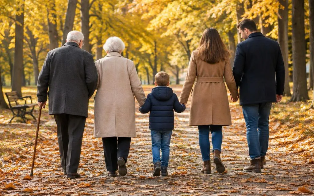 Sonbahar parkında birlikte yürüyen üç kuşak aile