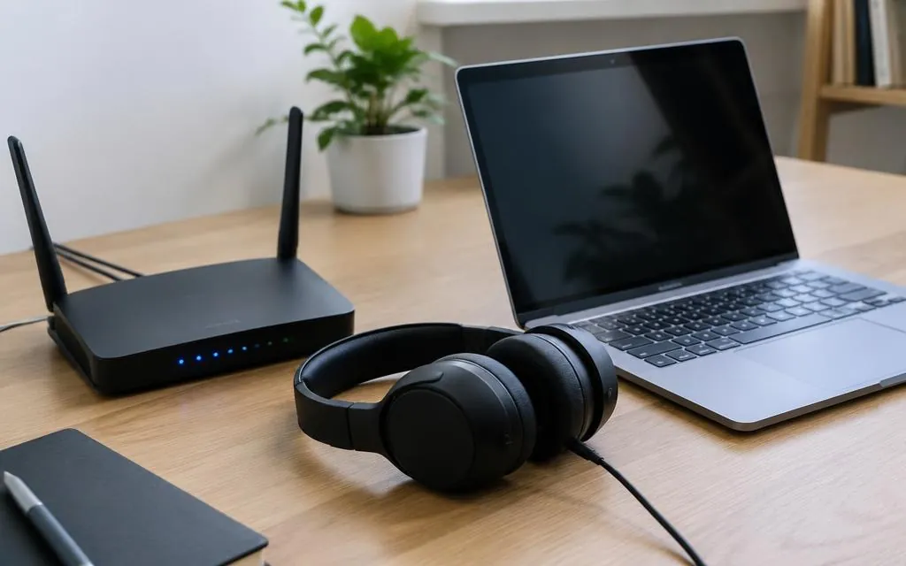 Masada modem, kulaklık ve dizüstü bilgisayar