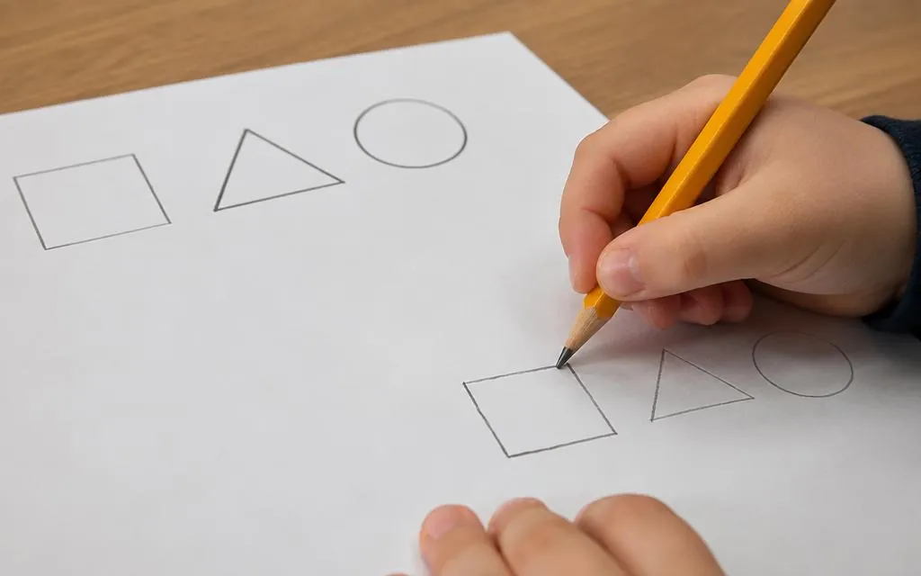 Beyaz kâğıda geometrik şekilleri kopyalayan çocuk eli